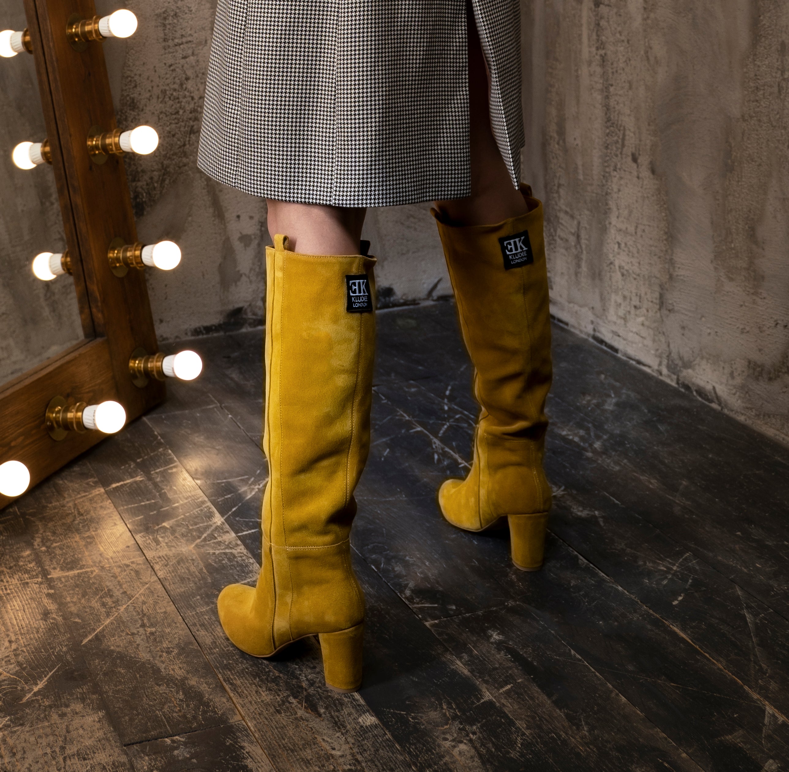 MUSTARD YELLOW KNEE HIGH BOOTS KLUDEE LONDON